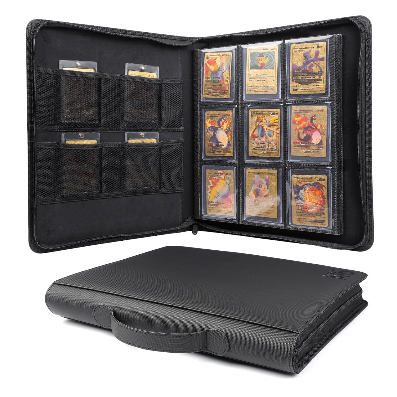 LEVEL UP PRO Toploader Binder – PU Leather Trading Card Binder with 288 Slots – 9 Pocket Top Loader Binder for Cards Compatible with Pokemon MTG AirTag Pocket – Matte Black Baseball Card Holder